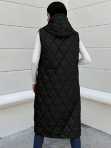 RueChic Zip Up Hooded Quilted Vest Coat - Black - View 3