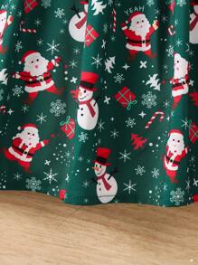 SHEIN Young Girl Christmas Print Bow Front Ruffle Trim Dress - Green - View 5