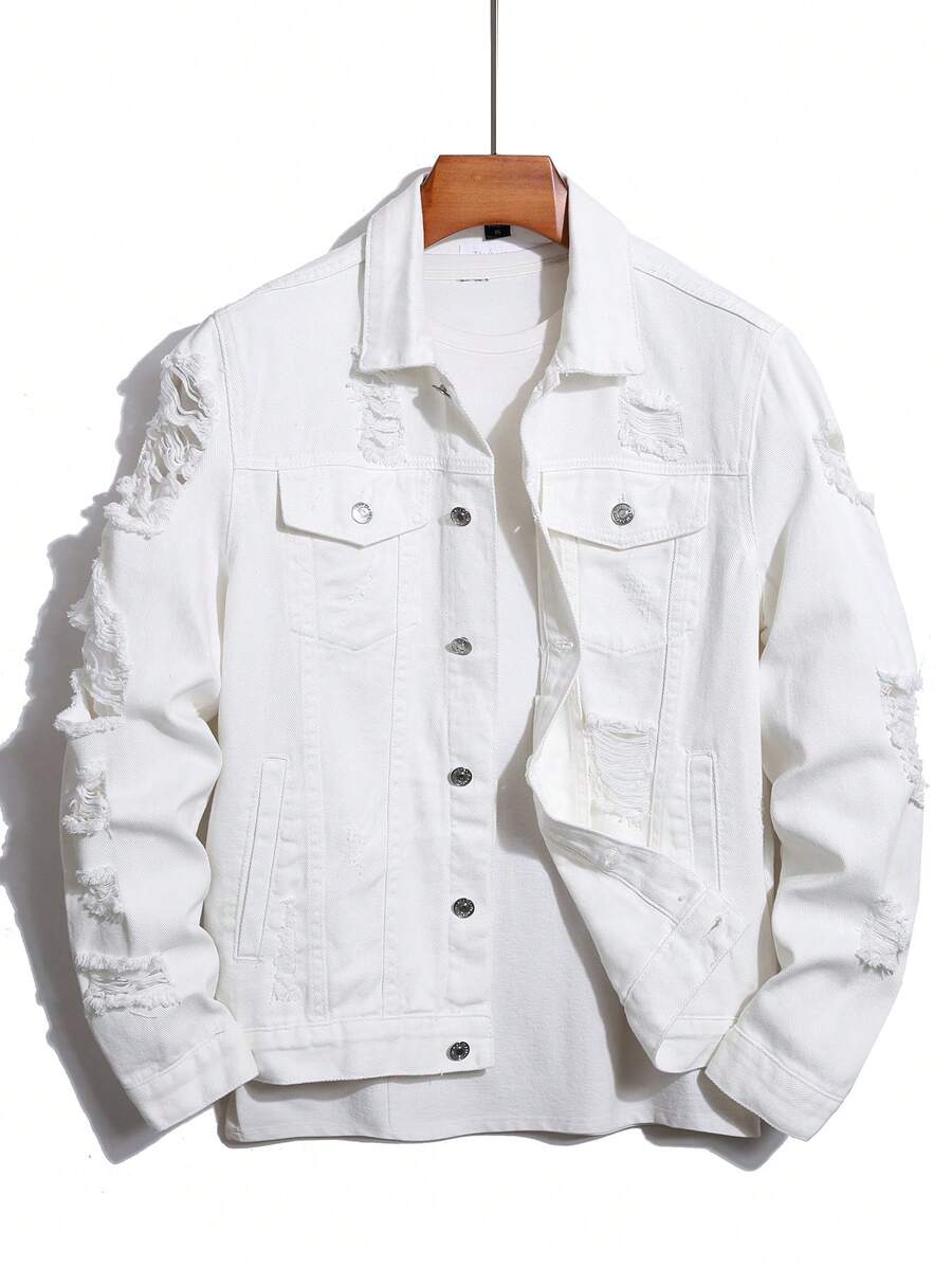 Manfinity Roughcore Men Long Sleeve Cotton Ripped Flap Pocket Denim Jacket Without Tee, For Fall - White - View 1