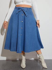 SHEIN Privé Plus High Waist Button Front Belted Denim Skirt - Blue - View 2