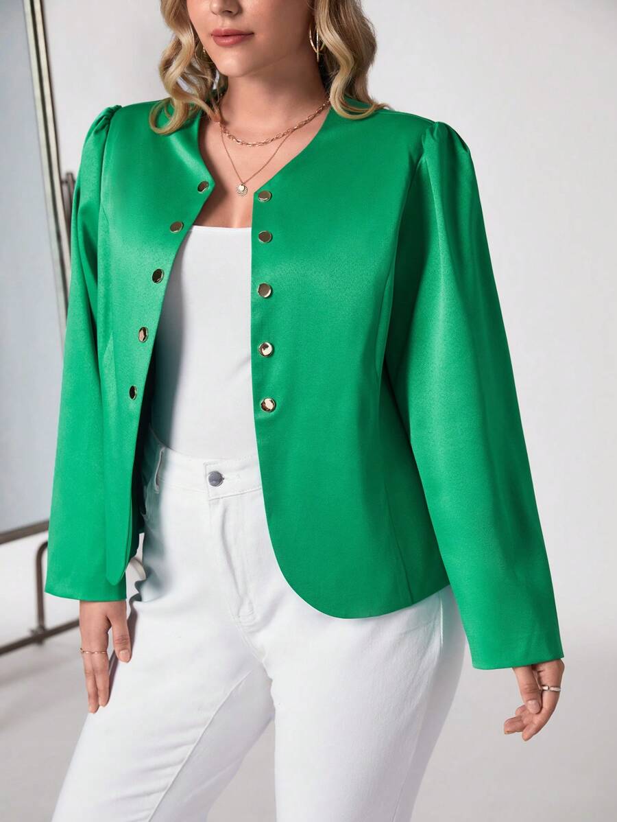 SHEIN Clasi 大碼素色前紐扣夾克 - 綠色 - 查看 1