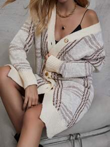 SHEIN LUNE Plaid Pattern Drop Shoulder Cardigan Fall Cloth For Women