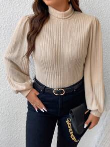 SHEIN Frenchy Plus Solid Lantern Sleeve Ribbed Tee - Apricot - View 3