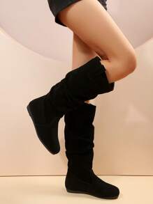 Women's Slip-On Ruched Flat Fashion Boots, Wear With Dress - Black - View 3