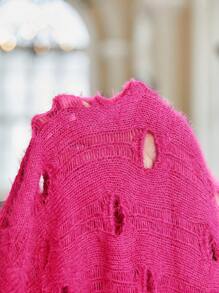 SHEIN Unity Open Knit Drop Shoulder Sweater Knit Pullover Fall Winter Outfit - Hot Pink - View 6