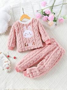 Young Girl Cartoon Embroidery Flannel PJ Set - Pink - View 1
