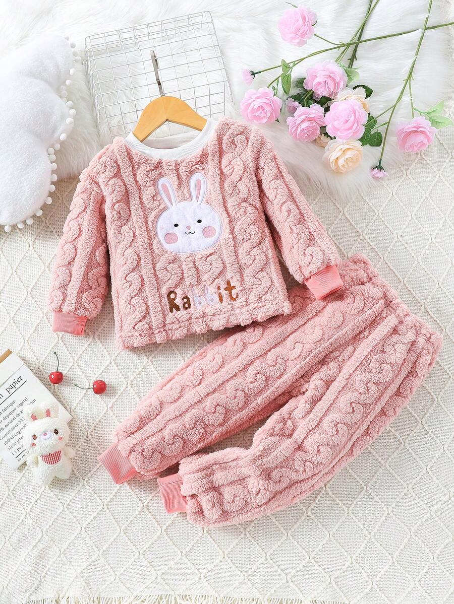 Young Girl Cartoon Embroidery Flannel PJ Set - Pink - View 1
