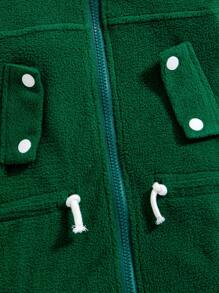 Young Boy Letter Patched Detail Drawstring Waist Flap Detail Zip Up Teddy Coat for Christmas - Green - View 6