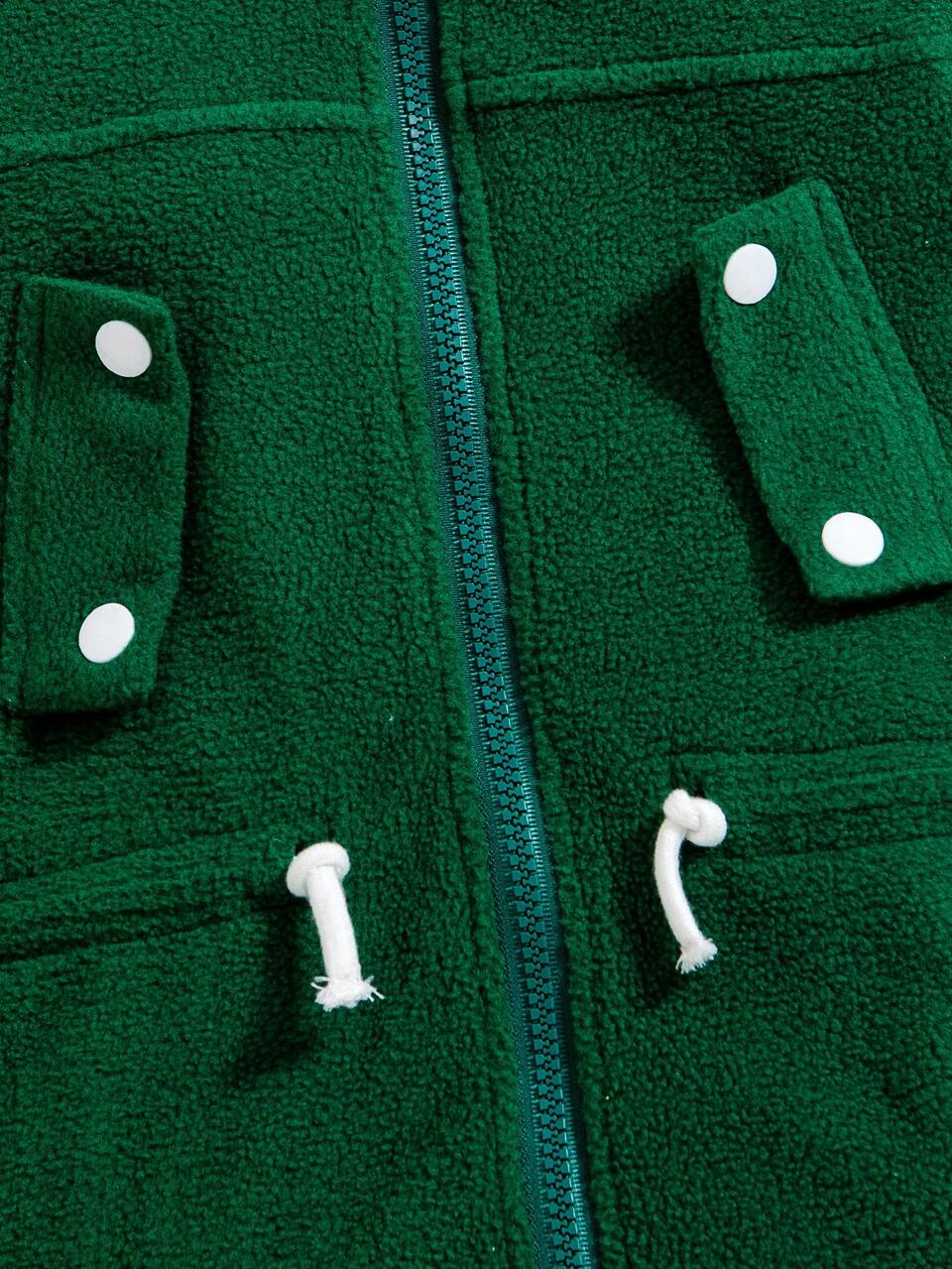 Young Boy Letter Patched Detail Drawstring Waist Flap Detail Zip Up Teddy Coat for Christmas