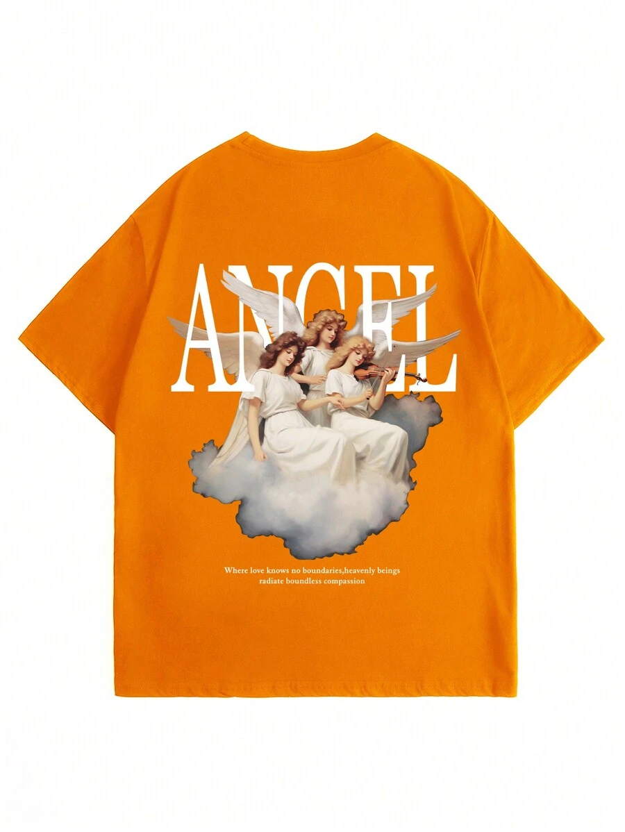 Nam Slogan & In Thiên sứ Áo thun Thả vai - trái cam - Xem 1