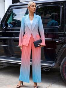 SHEIN Privé Ombre Print Flap Detail Blazer & Pleated Wide Leg Pants - Multicolor - View 1