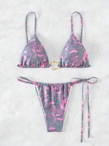 Floral Print Triangle Tie Side Bikini Set - Green - View 5