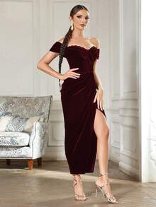 優雅交叉 高衩純色女士連衣裙 - 酒紅色 - 查看 7