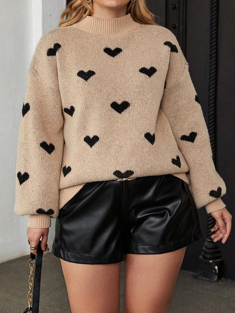Plus Heart Pattern Drop Shoulder Sweater, Winter Knit Pullover Fall Autumn