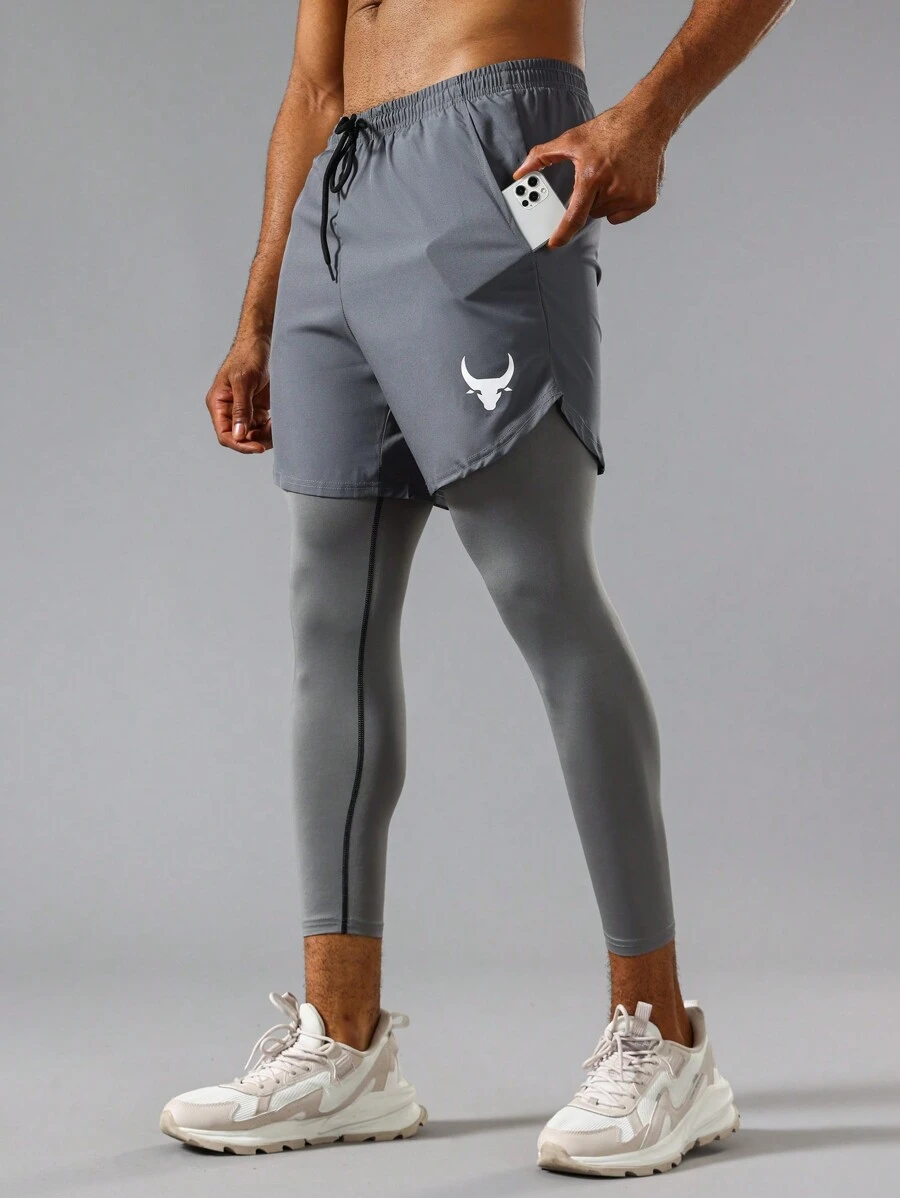 Manfinity Fitness Boyfriend Style Men Animal Print Drawstring Waist 2 In 1 Sports Pants Fall Breathable - Grey - View 1