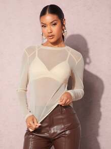 SHEIN BAE Solid Sheer Mesh Top Without Bra - Apricot - View 3