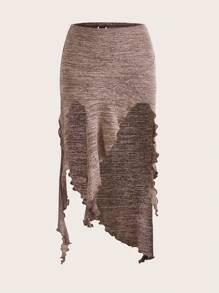 Sweetina Lettuce Trim Asymmetrical Hem Skirt - Mocha Brown - View 2