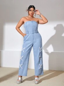 SHEIN ICON 大碼後背打褶破洞牛仔抹胸連體褲 - 藍色 - 查看 3