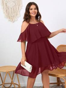 SHEIN Clasi 大碼挖肩荷葉邊洋裝 - 酒紅色 - 查看 3