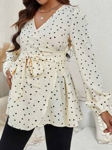 SHEIN Thai sản Toàn thân In hình trái tim Tay áo lồng đèn Thắt lưng Áo sơ mi - Màu be - Xem 1