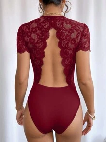 SHEIN Privé Contrast Lace Backless Scallop Trim Bodysuit - Red - View 6