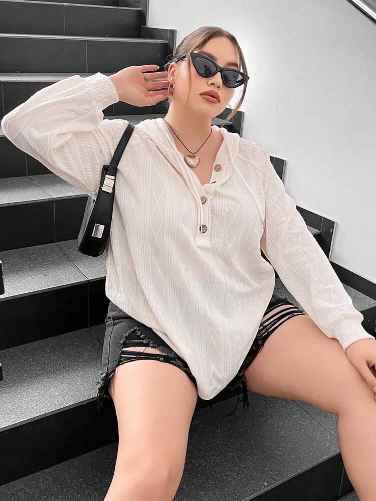 Plus Size Half Button Raglan Sleeve Drawstring Sweatshirt Pullover Fall Sweatshirt