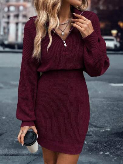 EMERY ROSE Quarter Zip Drop Shoulder Sweater Dress Fall Winter Cloth For Women