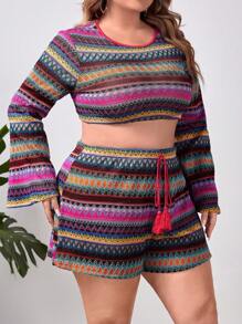 SHEIN VCAY Plus Chevron Pattern Trumpet Sleeve Crop Top & Tie Waist Shorts