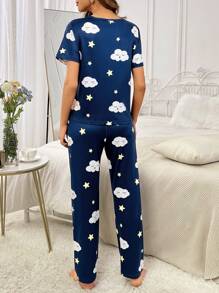Cloud & Star Print PJ Set - Navy Blue - View 2