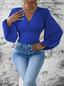 Wandoria Women's Solid Color Overlap V-Neck Lantern Sleeve Pleated Fashion Blouse - Royal Blue - View 3