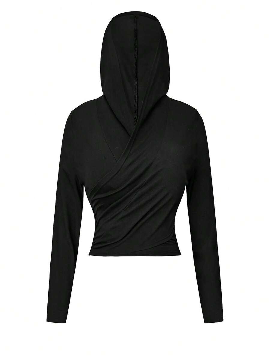 Flirla Plus Solid Wrap Hooded Tee - Black - View 1