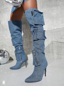 極簡側拉鍊細高跟靴子 - 藏蓝色 - 查看 6