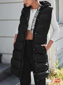 EURMUSE Zip Up Hooded Puffer Vest Coat - Black - View 4