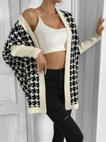 SHEIN Essnce 千鳥格圖案蝙蝠袖開襟開衫 - 黑色 - 查看 4