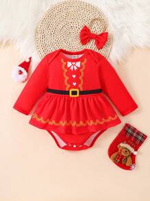 Đứa bé gái In nơ Xoay eo Eo Váy Bodysuit Với băng đô Đối với Giáng sinh - Đỏ - Xem 1