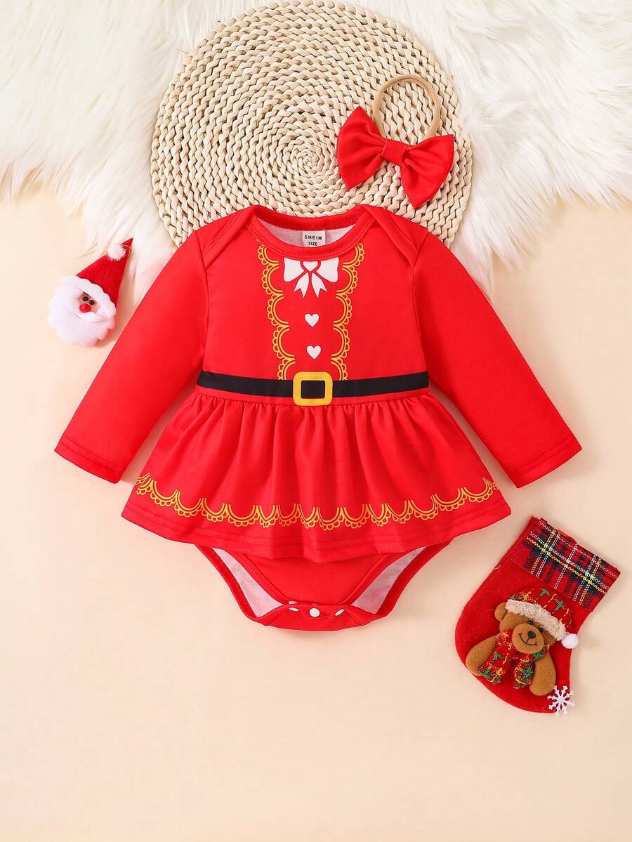 Đứa bé gái In nơ Xoay eo Eo Váy Bodysuit Với băng đô Đối với Giáng sinh - Đỏ - Xem 1