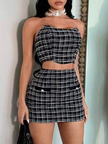 SHEIN SXY Plaid Print Tube Top & Bodycon Skirt - Black - View 3