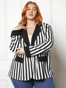SHEIN CURVE+ Plus Striped Print Lapel Collar Open Front Blazer - Multicolor - View 2