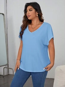 SHEIN Essnce Plus Solid Batwing Sleeve Tee - Baby Blue - View 3