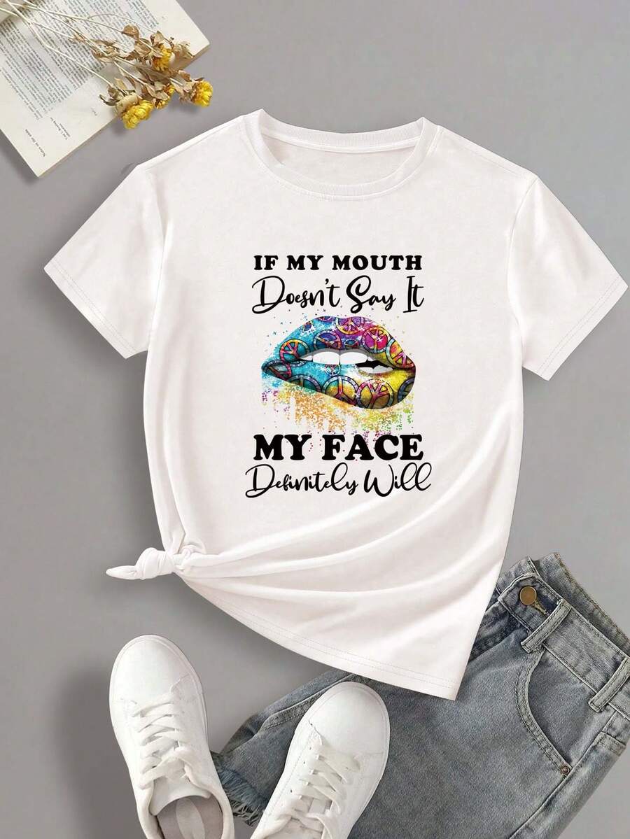 SHEIN LUNE Lip And Slogan Graphic Tee - White - View 1