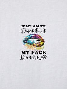 SHEIN LUNE Lip And Slogan Graphic Tee - White - View 4