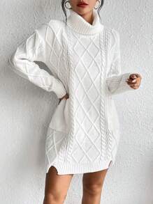 SHEIN LUNE 高領雙口袋麻花編織落肩袖毛衣洋裝