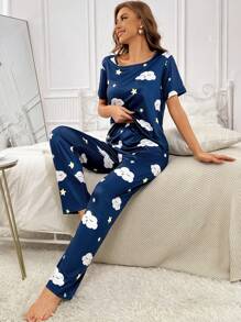 Cloud & Star Print PJ Set - Navy Blue - View 3
