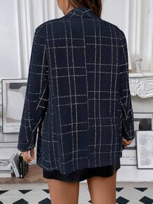 Flirla Plus Plaid Shawl Collar Open Front Blazer - Navy Blue - View 2