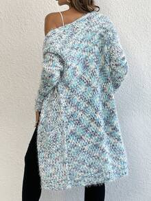 SHEIN LUNE Cárdigan de plumero tejido jaspeado de hombros caídos - Azul - Ver 2