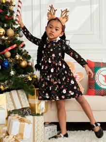 女小童聖誕圖案荷葉邊洋裝 - 黑色 - 查看 7