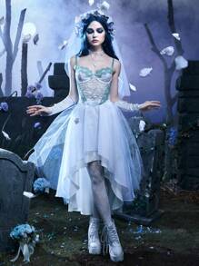 ROMWE Goth 拼接蕾絲緊身吊帶 - 白色 - 查看 4