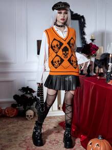 PUNK 骷髏圖案毛衣背心不帶襯衫 - 橘色 - 查看 6