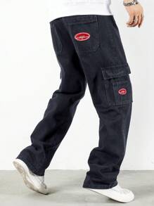 Manfinity Hypemode Men Letter Embroidery Flap Pocket Side Cargo Jeans - Grey - View 7