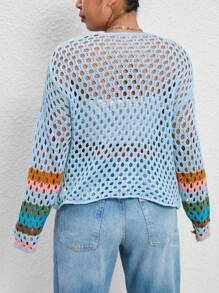 SHEIN EZwear Plus Floral Crochet Insert Open Knit Drop Shoulder Cardigan - Blue - View 2